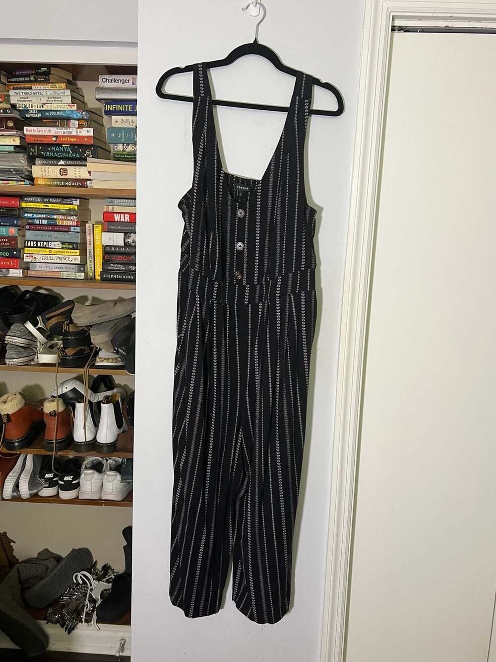 Torrid Black and White Striped Sleeveless Smocked Bodice Jumpsuit